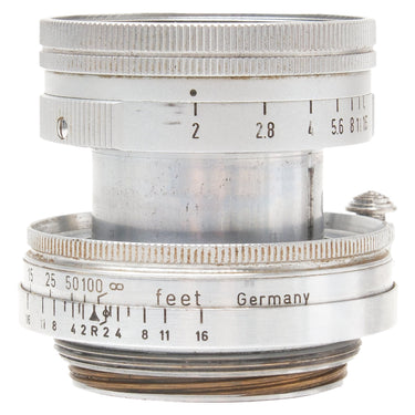 Leica 5cm f2 Summicron collapsible lens extended, side view with aperture scale and screw mount threads