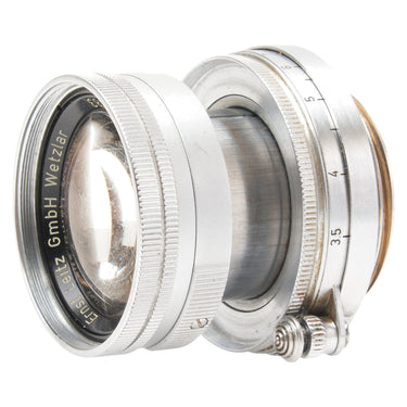 Leica 5cm f2 Summicron side view showing focus scale, distance markings, and infinity lock