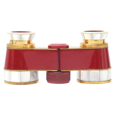 Hensoldt Diadem opera glasses front view, red body with mother of pearl and brass trim