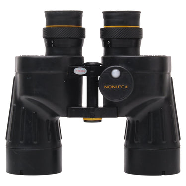 Fujinon 7x50 FMTRC-SX binoculars rear view showing eyepieces, compass window, and PASSED sticker