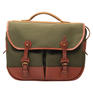 Billingham Eventer Mk I sage and tan camera bag front view with leather buckle straps