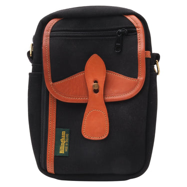 Billingham Airline Stowaway camera bag front view with tan leather flap and brass stud closure