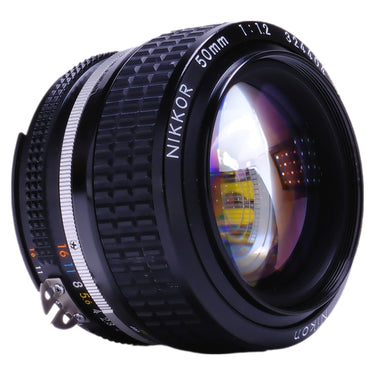 Nikon 50mm f1.2 Nikkor front three-quarter view showing glass and focus scale