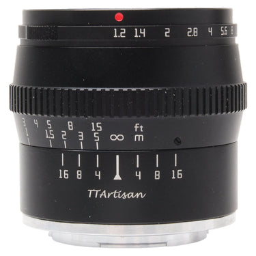 TTArtisan 50mm f1.2 lens front barrel showing aperture index and focus distance scales
