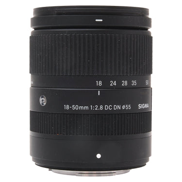Sigma 18-50mm f2.8 DC DN front barrel view with focal length scale and model markings