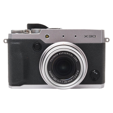 Fujifilm X30 silver front view with retracted Fujinon zoom lens
