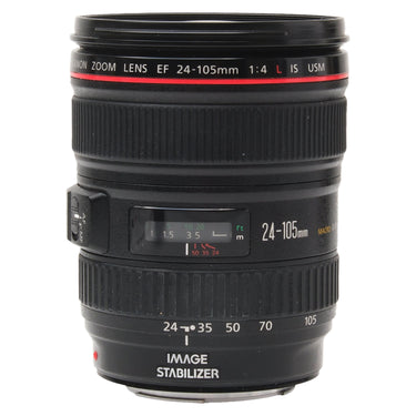 Canon EF 24-105mm f4 L IS USM lens standing upright, front barrel with model markings and distance window