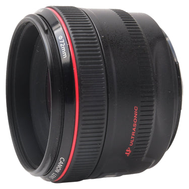 Canon EF 50mm f1.2 L USM side view showing 72mm filter ring and Ultrasonic marking