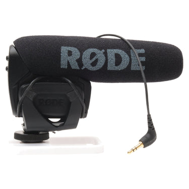 Rode VideoMic Pro shotgun microphone left side with RODE logo, shock mount, and 3.5mm cable