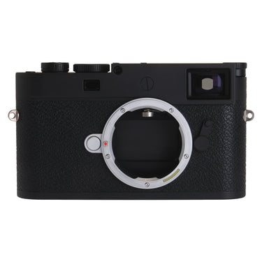 Leica M11-P black front view with bare M bayonet mount and viewfinder