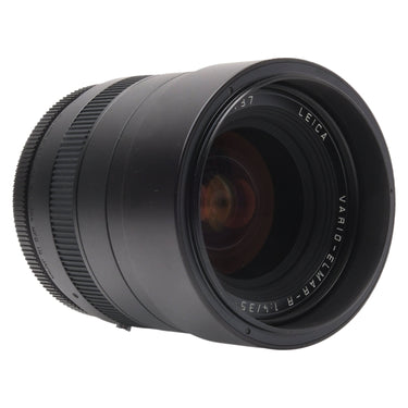 Leica 35-70mm Vario-Elmar-R lens side view with front glass and hood
