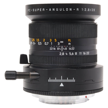 Leica 28mm f2.8 PC-Super-Angulon-R front and side view with shift controls and aperture scale