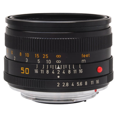 Leica 50mm f2 Summicron-R lens front side view showing focus and aperture scales