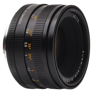 Leica 50mm Summicron-R angled view showing depth of field scale and Made in Canada