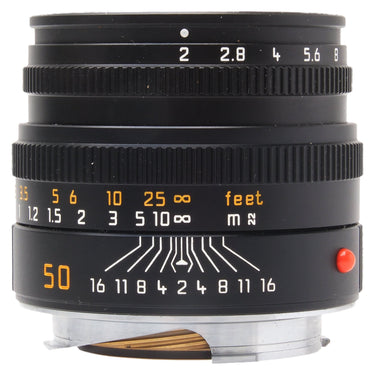 Leica 50mm f2 Summicron-M black front barrel with aperture and depth of field scales