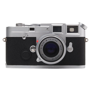 Leica M6J front view with silver 50mm f2.8 Elmar-M lens mounted
