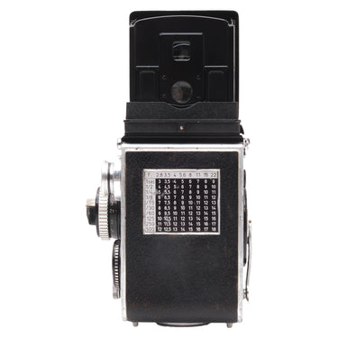 Rolleiflex 3.5F rear view with exposure table and raised finder hood