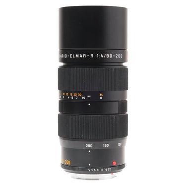 Leica 80-200mm f4 Vario-Elmar-R front view with built-in hood extended
