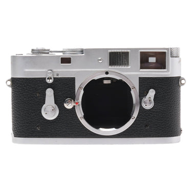 Leica M2 chrome front view with open M bayonet mount and self-timer lever