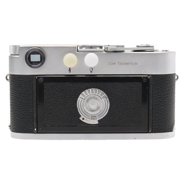 Leica M2 back showing film reminder dial and Tom Thompson factory engraving