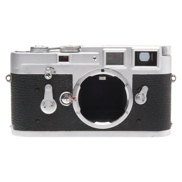 Leica M3 chrome rangefinder front view with open M bayonet mount and viewfinder windows