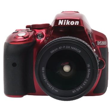 Nikon D5300 red DSLR front view with 18-55mm lens mounted
