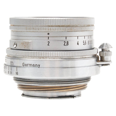 Leica 5cm f2 Summicron side view showing aperture scale, Germany engraving, and bare screw mount