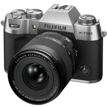 Fujifilm X-T50 w/ 16-50mm - Silver, front view - Camera West