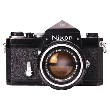 Nikon F black film SLR front view with 50mm f1.4 Nikkor-S lens