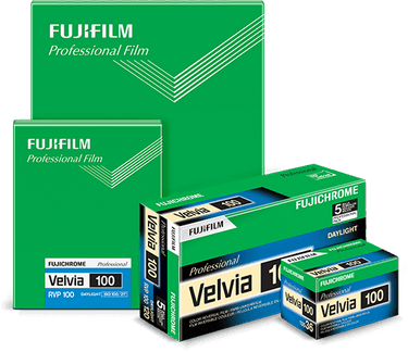 Fujifilm Velvia 100 4x5 slide film box