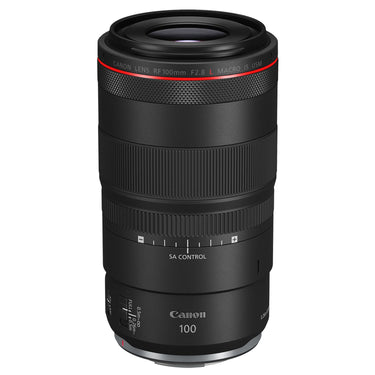 Canon RF 100mm f/2.8 L Macro IS USM lens, front view. Camera West