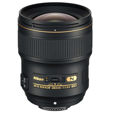 Nikon AF-S NIKKOR 28mm f/1.4E ED lens, front view. Camera West