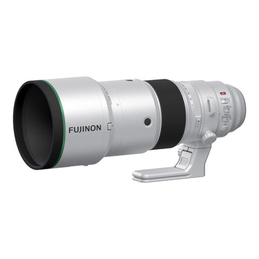 Fujifilm XF 400mm f4.5 R LM OIS WR lens, angled side view with lens hood attached - Camera West