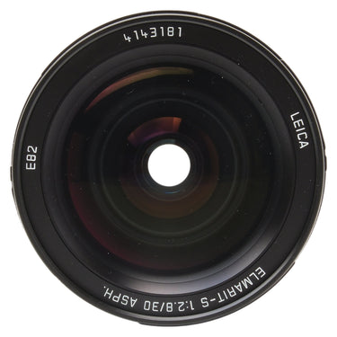 Leica Elmarit-S 30mm f2.8 front element showing serial number, E82 and engravings