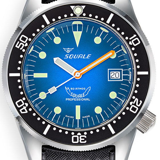 Squale 1521 Blue Ray Steel Bezel on Rubber Strap