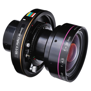Arca Swiss Apo Sironar Digital HR 28mm angled view of Sironar Digital label and Copal shutter controls
