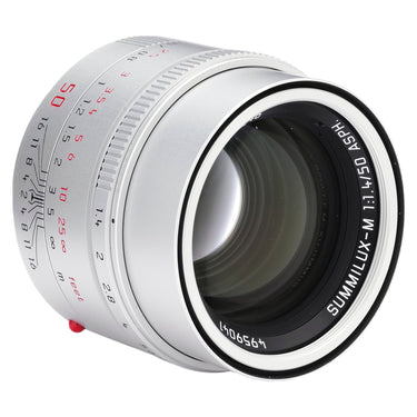 Leica Summilux-M 50mm f1.4 ASPH silver angled view of front glass and markings