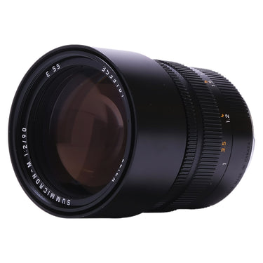 Leica 90mm f2 Summicron-M angled front view of glass and Made in Canada engraving