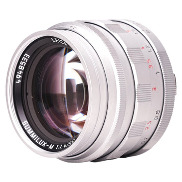Leica 50mm Summilux-M silver front three-quarter view of front glass