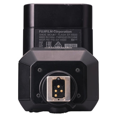 Fujifilm EF-X500 flash foot with hot shoe contacts and product label