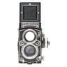 Rollei 2.8E front view with Xenotar taking lens, Heidosmat viewing lens, and waist-level finder open