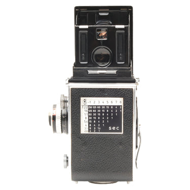 Rolleiflex 2.8E with waist-level finder open, viewing lens and mirror visible