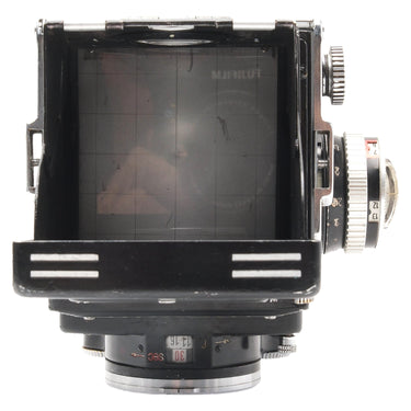 Rolleiflex 2.8E top-down view of grid focusing screen inside the finder hood