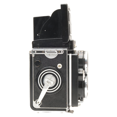Rolleiflex 2.8E side view with film wind crank and shutter