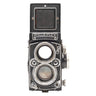 Rolleiflex 2.8E front view with Zeiss Planar taking lens and Heidosmat viewing lens