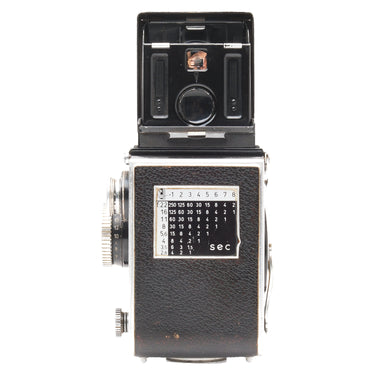Rolleiflex 2.8E rear view with open waist-level finder and exposure table