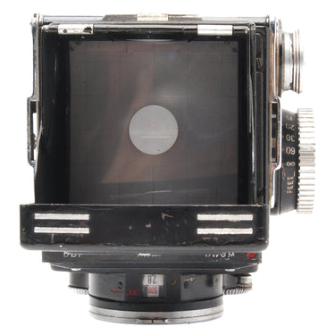 Rolleiflex 2.8E looking down into open finder showing grid focusing screen