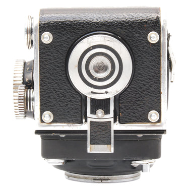 Rolleiflex 2.8E rear view with folding sports finder and focus knob