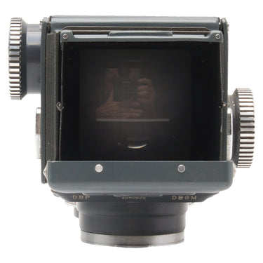 Rollei 4x4 Baby top view with waist-level finder open showing focusing screen