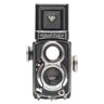 Rollei 4x4 Baby Black TLR front view with Xenar taking and Heidosmat viewing lenses